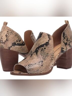 Lucky Brand Taupe Snake-Print Peep-Toe Block Heel Mules